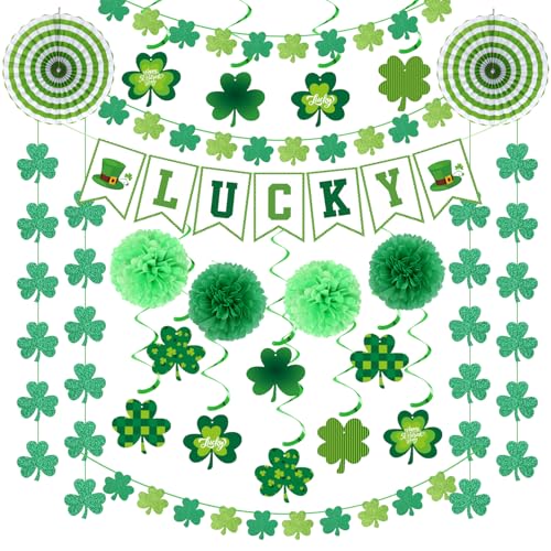 Image of St-Patricks Day Party-Decoration Green-Shamrock Garland - 25pcs Saint St. Patrick's Tissue Paper Pom Poms Fan Streamers Swirl,Irish Lucky Banner, Baby Shower Birthday Hanging Decor Lasting Surprise