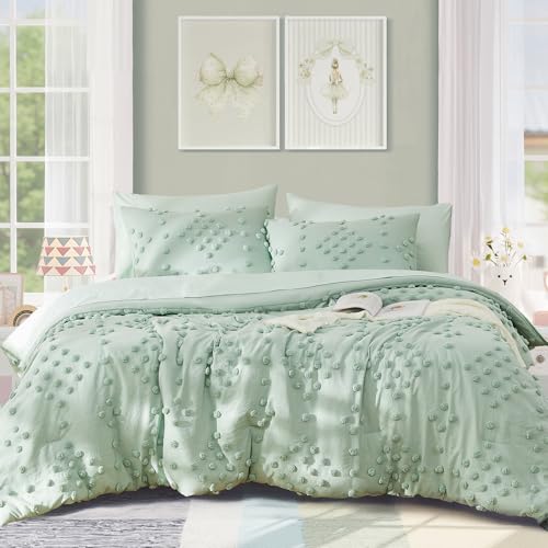 Image of Geniospin Girls Full Size Comforter Sets - 7 Pieces Pom Tufted Bed in a Bag | All Season Shabby Chic Full Size Bedding Sets with Comforter, Sheets, Pillowcases & Shams, Sage Green