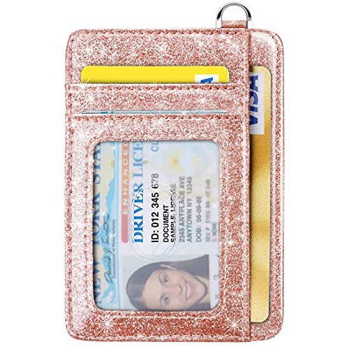 Slim Front Pocket Wallet Rfid Id Card Holder Cute Small Wallet With Keychian For Women,Rose Gold Glitter #TOP7