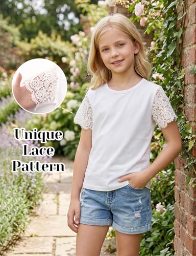 Image of Noomelfish Girls Lace Short Sleeve T-Shirts Kids Summer Cute Tops Blouse(5-12 Years)