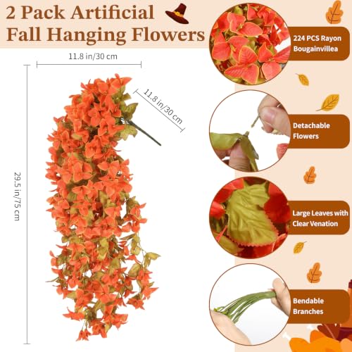 Image of Lewondr Artificial Fall Hanging Flowers UV Resistant Bougainvillea, Orange | 2PCS Faux Silk Long Trailing Vines, Fade Proof, Fake Flowers for Autumn Decorations, Front Door Porch Planter Urn Patio