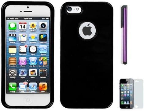 Apple Iphone 5 Snap-On Phone Protective Hard Cover Case With Black Ring And Purple Capacitive Touch Screen Metal Stylus Pen, Pry Tool And Screen Protector (Black)