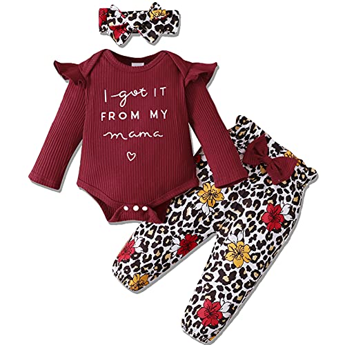 Image of DISAUR Newborn Baby Girl Clothes, Infant Girl Outfits Long Sleeve Ruffle Romper + Floral Pants + Headband Set