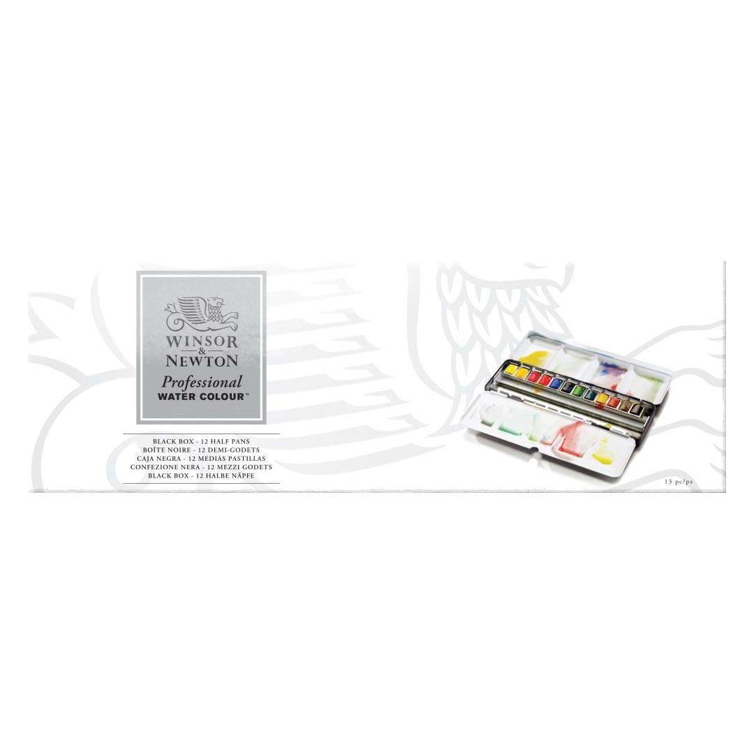 Winsor &Newton Artists' Water Colour Black Box, 12 halbe Näpfchen feinster Aquarellfarbe