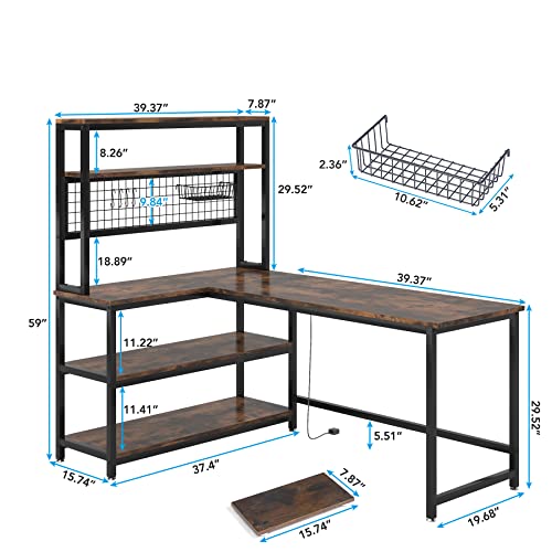 Tribesigns 55" L-Shape Computer Desk with Hutch and Wireless Charging, Office Desk Study Table Writing Desk Workstation with 5 Shelves and Movable CPU Stand for Home Office (Brown)