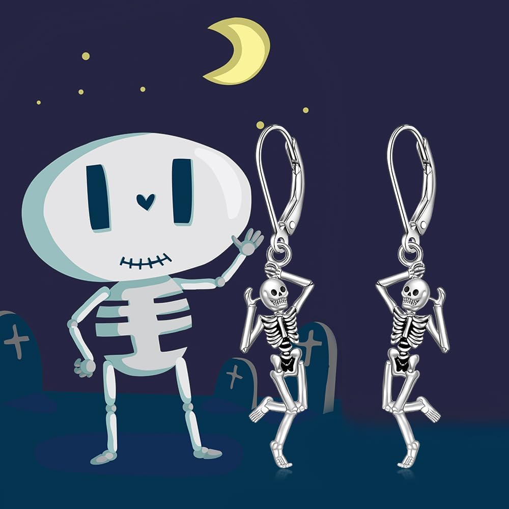 Skeleton Earrings Halloween Earrings for Women Skull Earrings Dangle Sterling Silver Cute Bone Earring Womens Earings Dangling Charms Goth Christmas Gifts