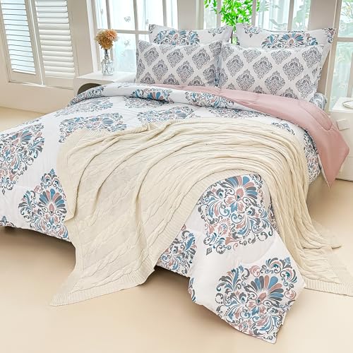 Image of lasoftan Floral King Comforter Set with Sheets, 7 piece Luxury Vintage Bedding, Soft Microfiber Bed in a Bag, Cozy Lightweight Bed Set, Damask Boho Flower