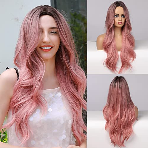 Perruque longue et épaisse ondulée blonde ombrée avec bonnet pour femme, perruque en fibre synthétique résistante à la chaleur, pour un usage quotidien/fête/cosplay (61 cm) Cover