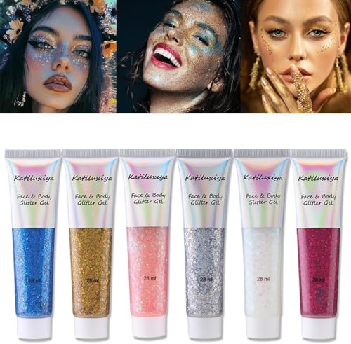 Katiluxiya 6 Face Body Glitter Gel, Sequins Chunky Liquid Mermaid Sequins Chunky Liquid, Face & Body & Eye & Lip Festival Holographic Glitter for Party (Pack of 6)