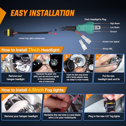 Image of Nilight 7 Inch Motorcycle LED Headlight 4.5 inch Fog Lights Halo Turn Signal DOT Compatible with Harley Davidson Electra Street Glide Fat Boy Road King Heritage Softail CVO, Black