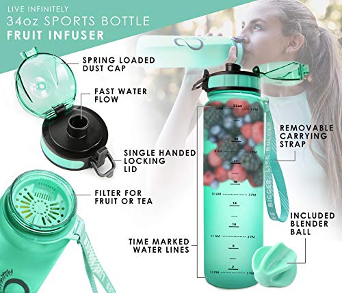 Live Infinitely 34 oz BPA Free Water Bottle with Time Marker, Fruit Infuser Screen & Shaker Blending Ball - Locking Flip Top Lid & Durable Rubberized Bottle Coating (Mint, 34 Ounce)