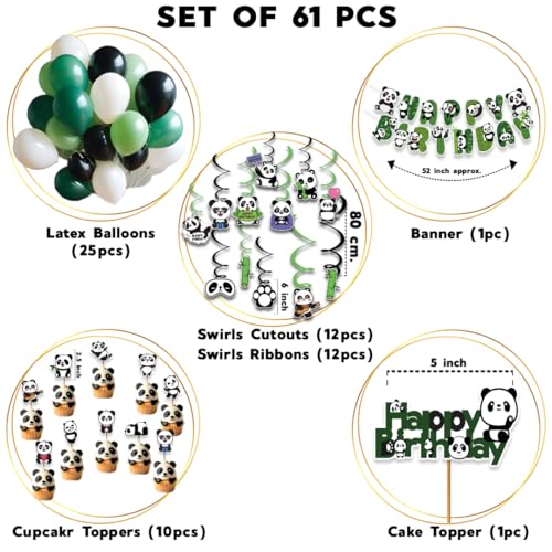 Image of Festiko Panda Theme Birthday Decoration Supplies Combo for Kids - 61 Pcs Cute Panda Party Decor Set with Banner, Swirl Hangings, Cake & Cupcake Toppers, Balloons for Home Birthday Celebration