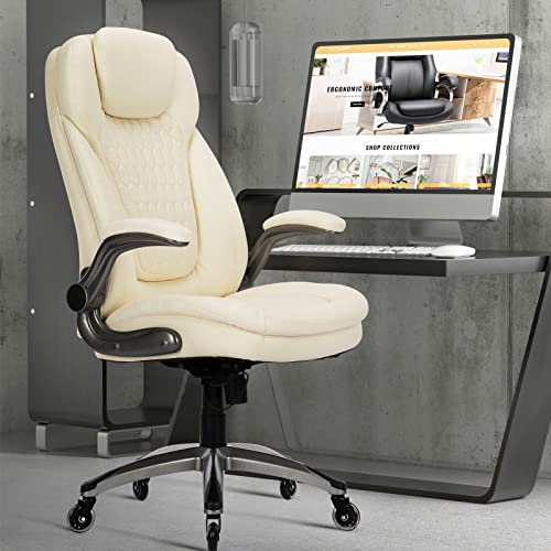 Image of COLAMY Ergonomic Office Chair, Set of 2 Boxes, High Back Leather Desk Chair with Flip-up Arms, Adjustable Height & Rocking Function, Silent Wheels, Ivory Executive Computer Chair, 300lbs Capacity