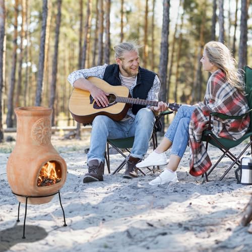 Beige Outdoor Clay Chiminea Outdoor Fireplace Sun Design Charcoal Burning Fire Pit with Sturdy Metal Stand, Barbecue, Cocktail Party, Family Gathering, Cozy Nights Fire Pit by Vintiquewise - Image 8