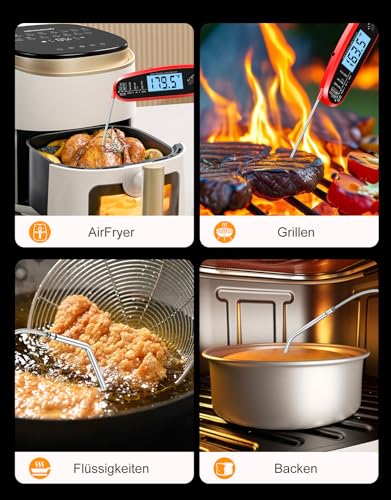 Babacom Fleischthermometer Sofortanzeige mit zwei Sonden & großem Bildschirm, Bratenthermometer mit Alarmeinstellung und Kalibrierung, Grillthermometer für Küche, Ofen, Zucker, Flüssigkeiten, BBQ