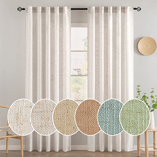 MIULEE White Linen Curtains 84 Inch Length 2 Panels for Bedroom Living Room, Soft Thick Linen Textured Natural Window Drapes Semi Sheer Light Filtering Back Tab Rod Pocket Burlap Look Decor