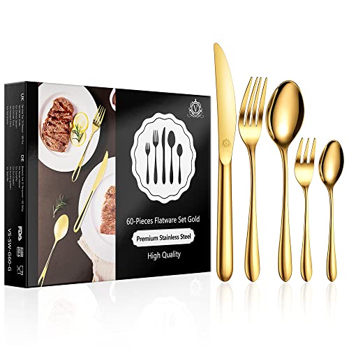 vancasso Besteck Set,60-Teilig Gold Set 12 Personen,Besteckset mit Messer/Gabel/Löffel/Dessertlöffel, 18/10 Edelstahl Besteckset Poliert mit Geschenkbox, Spülmaschinenfest