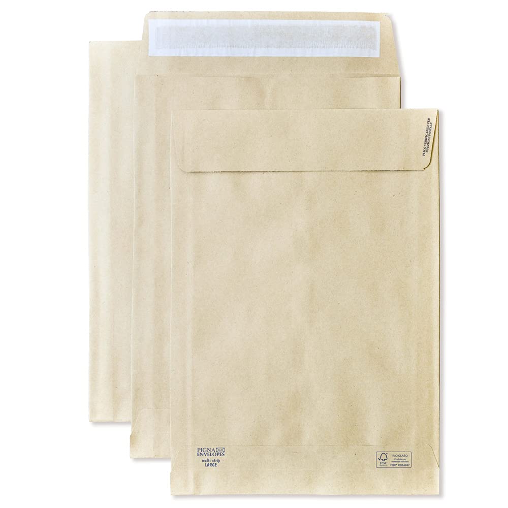 250 Buste a Sacco MULTI STRIP LARGE f.to 230x330 con soffietti laterali da 4cm e Fondo Autoformante in carta KRAFT AVANA riciclata FSC 100 gr. - Pigna Envelopes