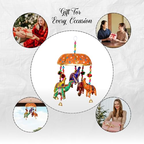 Image of Rajasthani Multicolor Elephants Jhoomer with Bell - Decorative Wind Chimes for Door & Wall Hanging, Ideal Home Decor & Gift Showpiece (Orange)