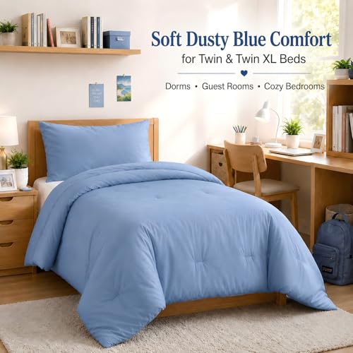 Image of weigelia Dusty Blue Twin Comforter Set, 2 Piece Lightweight Bedding Set, Soft Microfiber Comforter and Pillowcase, Breathable Down Alternative Comforter for All Seasons, Machine Washable
