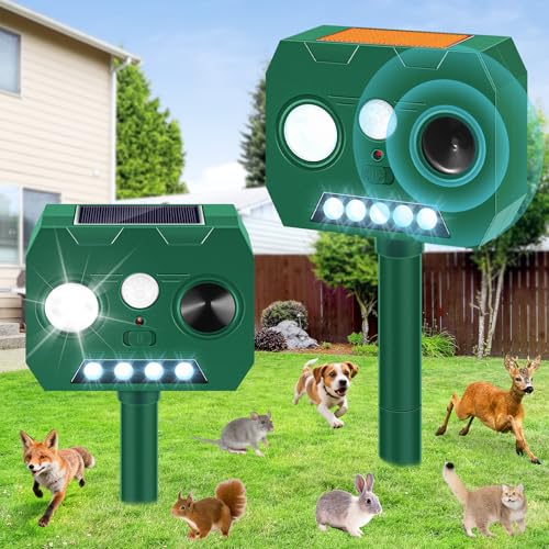 Solar Ultrasonic Animal Repellent Outdoor, 2 Pack Cat Repellent Outdoor Deer Repellent Devices with PIR Motion Sensor ＆ LED Flash, Waterproof Squirrel Repeller, Cat, Raccoons, Rabbits, Deer, Skunk