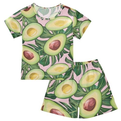 ALAZA Avocado Palm Leaves Fruit Pajamas Set Short Sleeve Cotton Sleepwear Summer Pjs 2 Piece 5-14Y