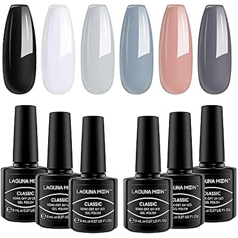 Lagunamoon Gel Nail Polishes, 6 Colors Nude Black White Gray Gel Nail Polish Set Soak Off Long Lasting UV LED Light DIY Manicure Kit Salon Quality Gift Set, 8ml Cover