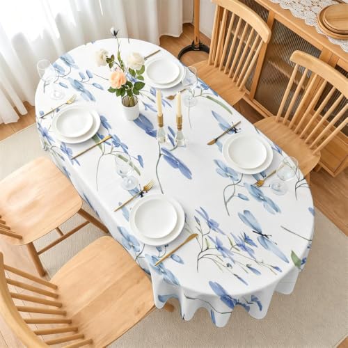 Nappe ovale fleurs bleues lavable protège table contre les taches repas
