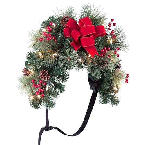 Haute Decor Classic 30-inch Pre-lit Christmas Swag for Mailbox with Red Bow 20 LED Warm White Lights Lighted Holiday Greenery Decoration for Outdoors