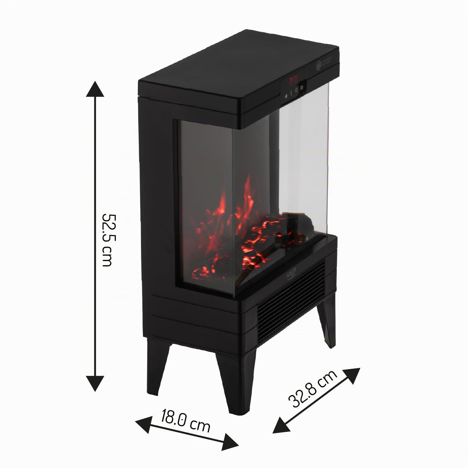 Adler AD 7755 chimenea eléctrica LED efecto llama 3D 1000/2000 W | termostato 15-38 °C temporizador mando a distancia táctil panel | cristal templado diseño moderno portátil | calefactor para el hogar
