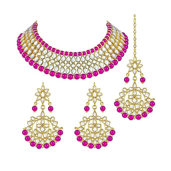 Peora Gold Plated White Pearl Kundan Choker Necklace with Earring Maang Tikka Traditional Jewellery Set for Women