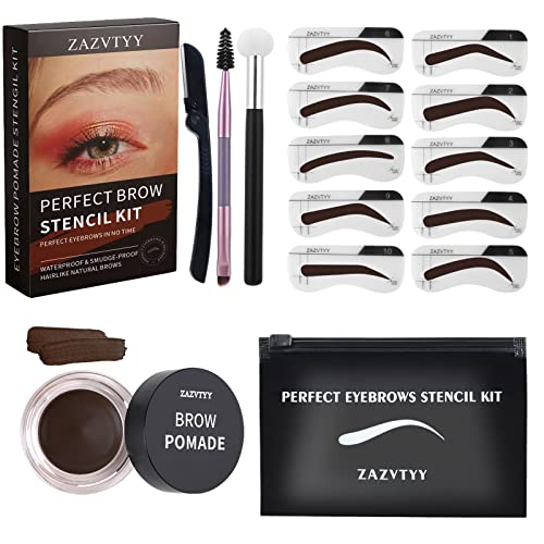 Eyebrow Stamp and Eyebrow Stencil Kit, Perfect Bushy Eyebrow Makeup Kit, Long Lasting Eyebrow Styling Pomade for Natural Brows, Brow Stamping Trio Kit with 10 Brow Shapes Sponge Applicator, Dark Brown