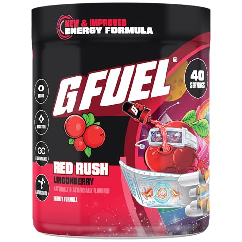 Image of G Fuel Red Rush 2.0 Energy Drink Powder, Pre Workout Caffeine Mix for Gaming, Sugar Free Focus Amino, Vitamin + Antioxidants, 9.6oz (Lingonberry, 40 Servings)