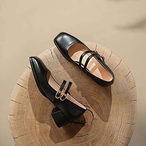 Women's Square Toe Ankle Strap Dress Pumps Leather Block Low Heel Work Office Uniform Mary Jane Shoes3