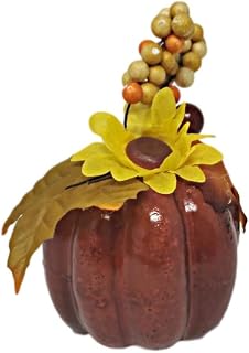 Give Thanks Pumpkin with Fall Flowers 5” Decor (Dark red)