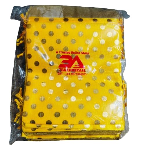 Image of 13CM X 18CM Small Drawstring Bags Pouches Potli for Gift Wedding Jewelry Packaging Bridal Party Favors for Women (10 Pc Pack, Yellow Color Golden Polka Dot)
