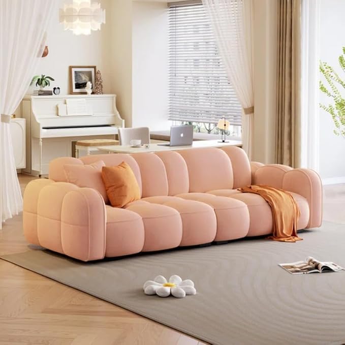Image of CRAFTCITY Contemporary Wool Sofa with Swen Pillow Back for Living Room (Light Pink, 3 Seater)