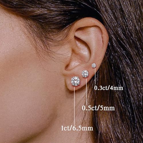 Image of Moissanite Stud Earrings for Men Women, 925 Sterling Silver 18K White Gold Plated, 1CT 6.5mm Round Cut, VVS1 D Color (0.6-2ct)