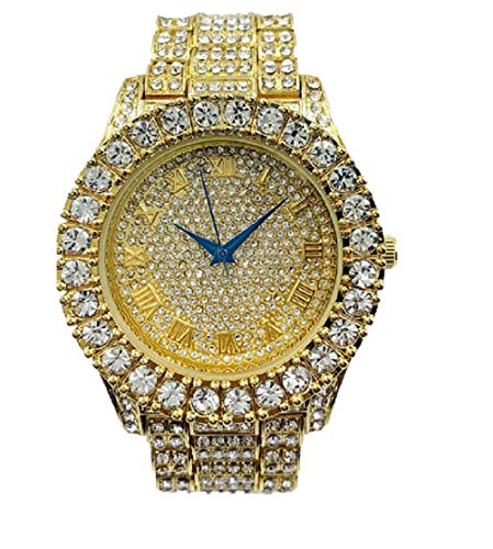 Bling-ed Out Round Metal Mens Color on Blast Silver Tone Watch with Diamond Time Indicators - Ice on Fire!!! - ST10327DxxS (Gold Blue)