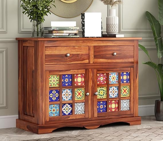 Rajasthali Furniture Woodcrony Solid Wooden Cabinet Sideboard with 2 Drawers and 2Door Storage | Wooden Cabinet Storeage | Sheesham - Natural Brown Finish-image-32
