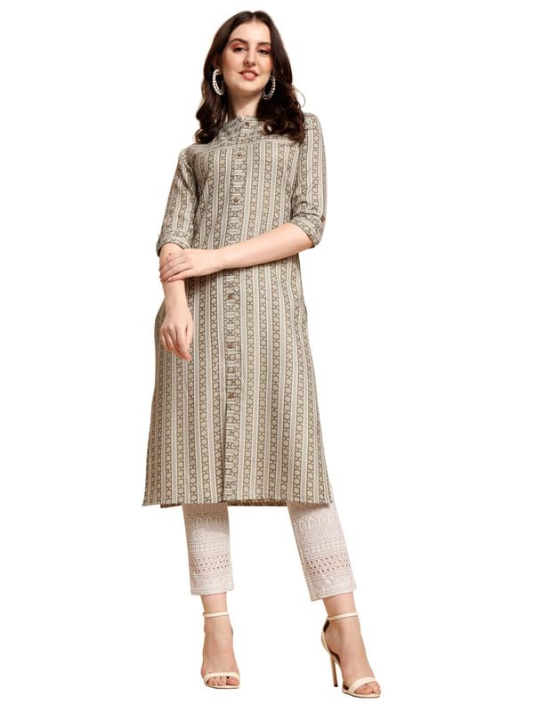 Nainvish Women's Cotton Blend Straight Mandarin/Chinese Neck Printed Kurta (Sd419_K-Xl._White Green)