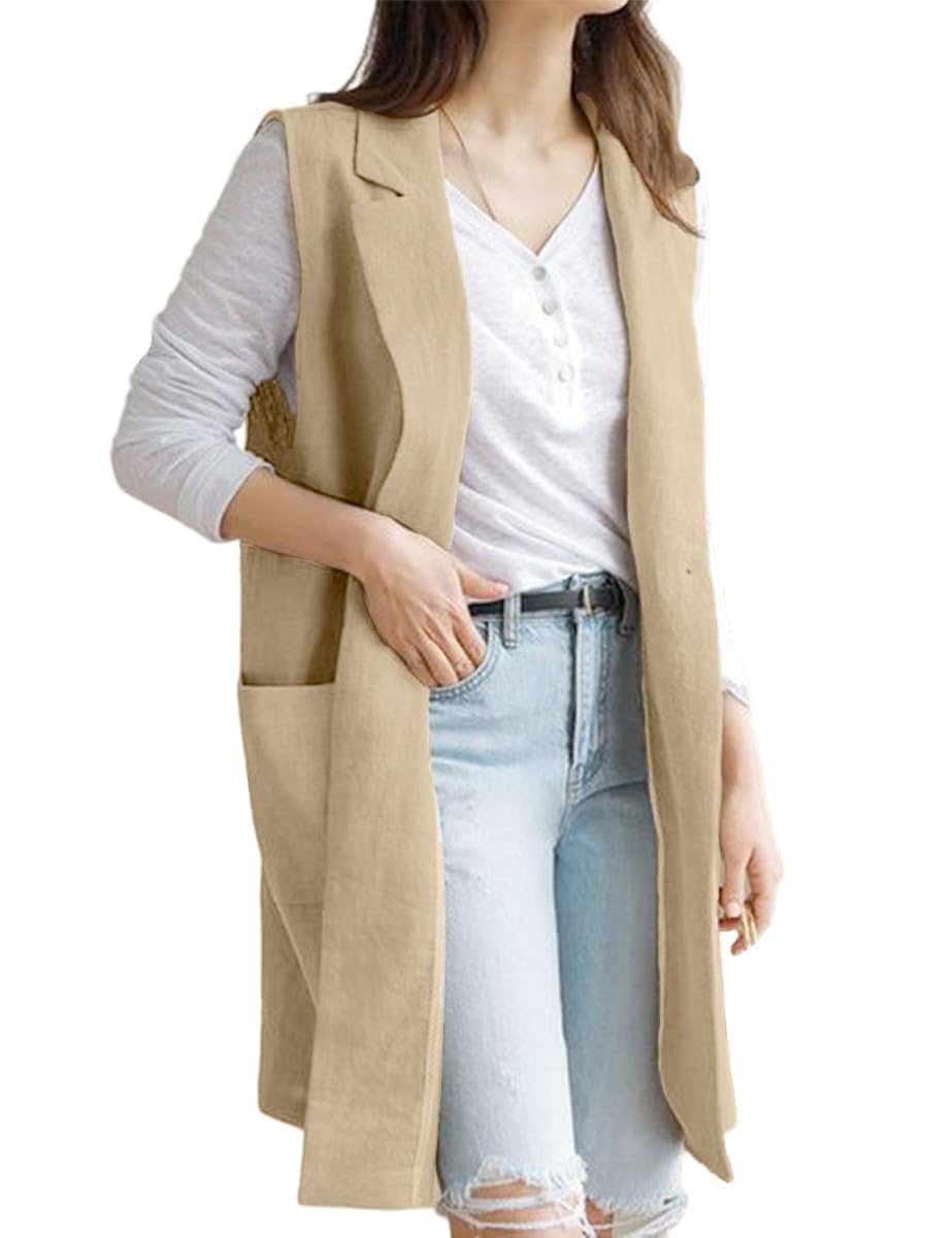 idealsanxun Womens Long Linen Vest Tops Casual Spring Summer Lightweight Jackets-picture-26