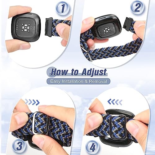 SHIJZWD Elastic Braided StrapCompatiblewithFitbit Versa 2 Pack Sport Nylon BandAdjustable Stretchy Replacement WristbandforFitbit Versa 3Versa 4Sense 2Sense Women Men Black+Camouflage Blue - Image 2