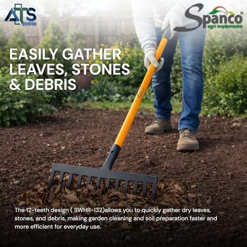 Image of Spanco Heavy Duty Garden Rake (10 Teeth) with Long Handle for Quick Clean Lawn | Garden Leaf and Garbage Hand Cultivator | Garden Rake for Grass (SWHR-130)
