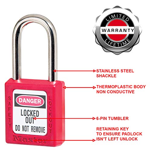 Image of Master Lock Red Lockout Tagout Safety Padlock with Key, Metal Shackle and Non-Conductive Lock Body for Electrical Applications, 410RED