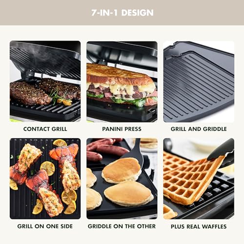 GreenPan Elite 7-in-1 Multi-Function Contact Grill & Griddle, Healthy Ceramic Nonstick, Grill & Waffle Plates, Adjustable Shade & Shear, Closed Press/Open Flat Surface, PFAS-Free, Cream White