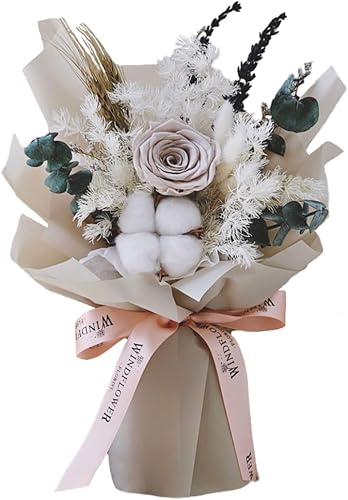 WINDFLOWER FLORIST Forever Love - Ramo de flores preservadas de color caqui, rosas y flores naturales de larga duración, caja de regalo para el día