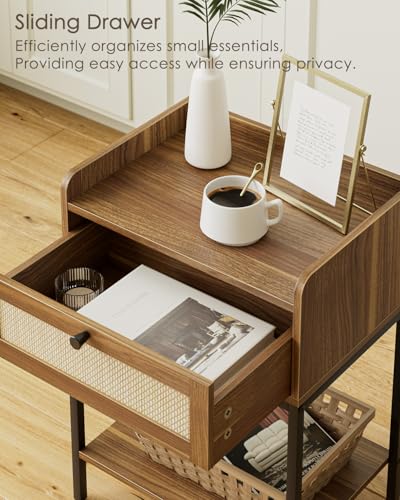 Image of Masupu Rattan Nightstand,3-Tier Modern Bedside Night Stand with Storage Drawer and Shelf,Small End Side Table for Bedroom,Living Room,Walnut Brown (Without Outlet, Brown)