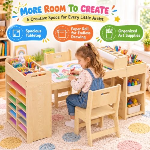 Kids Art Table and Chairs Set, Kids Craft Table with Paper Roll — 사진 5