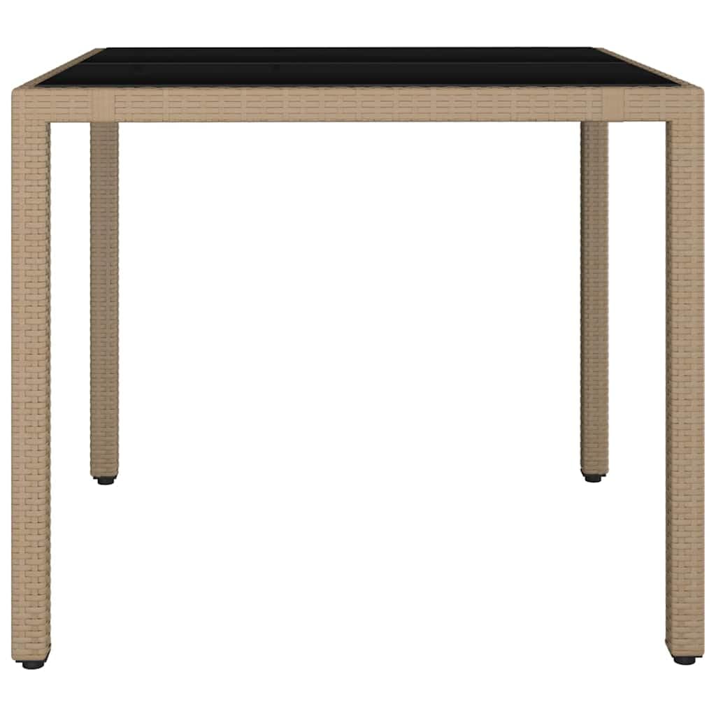 Mesa de jardín con tapa de cristal beige de poliratán y cristal templado para terraza, jardín, exterior, mesa resistente a la intemperie con marco de acero, ratán de polietileno duradero